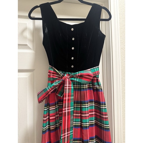 Holiday Party Dress Velvet Taffeta Tartan Plaid Teena Paige Vtg Xmas Jr Sz 7 - Picture 2 of 16